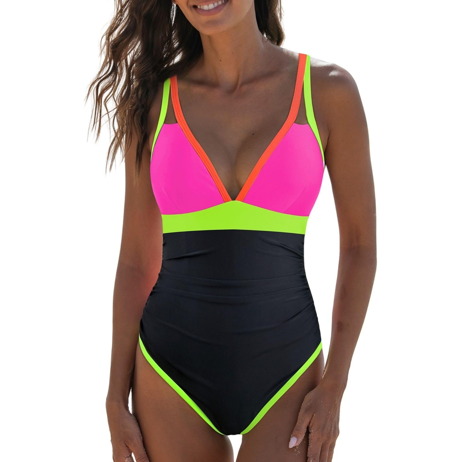 Nwt Popvil Womens One Piece Neon Color Block Swimsuit Tummy Control V Neck Xl